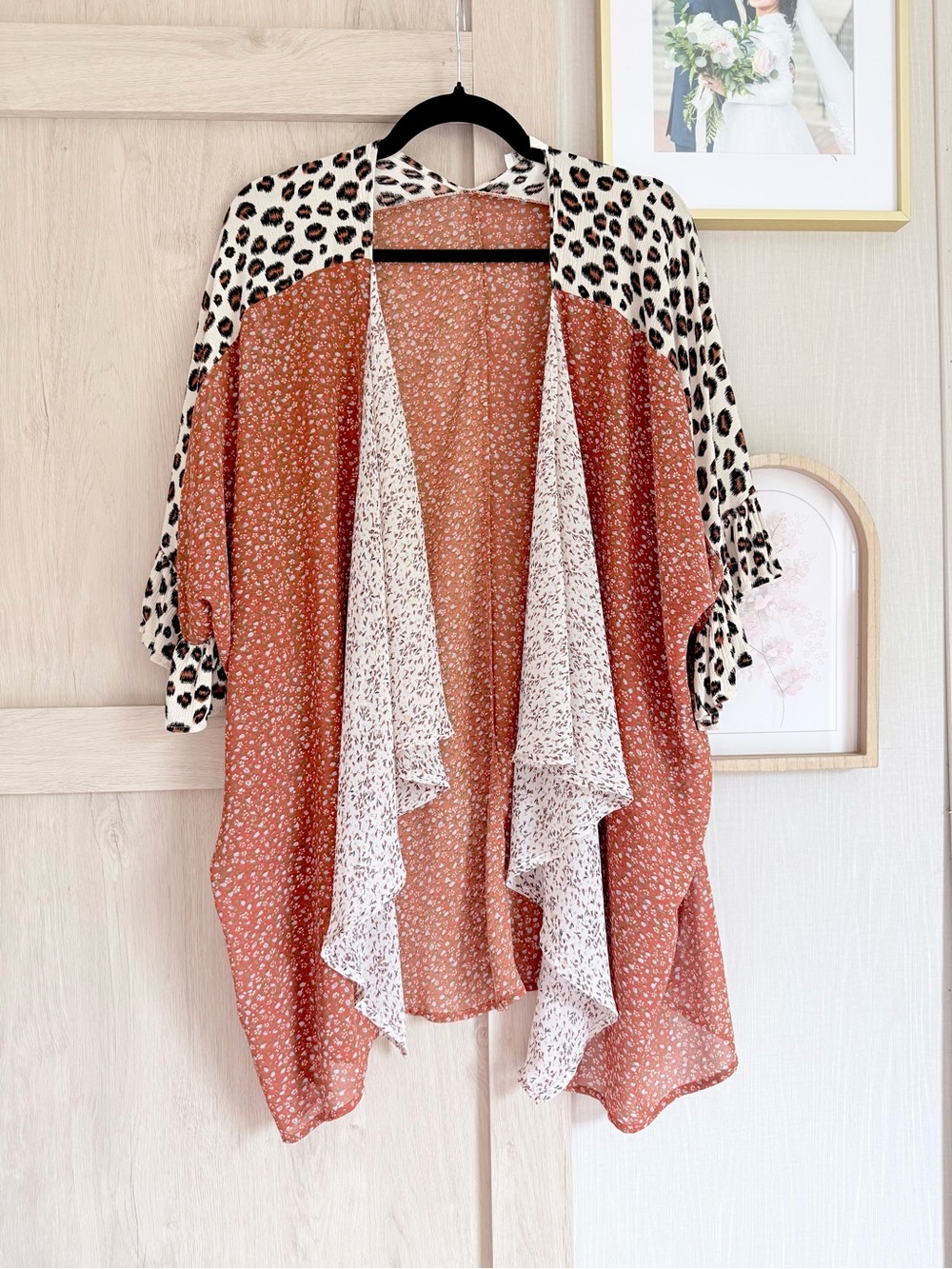 Women's Rust & Cream Mixed-Print Open Front Kimono
